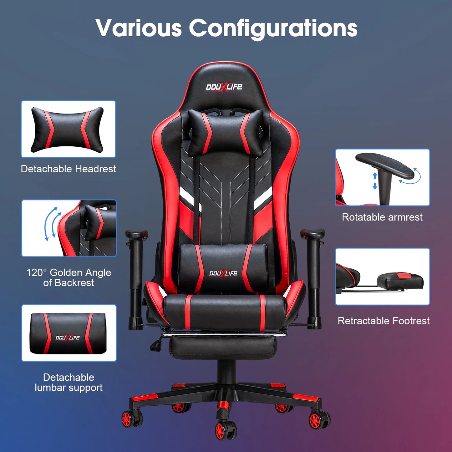 Douxlife 7-Point Massage Gaming Chair with Footrest, 175° Reclining, Ergonomic Racing High Back Home Office Computer Chair, Video Game Chair for Adults Kids