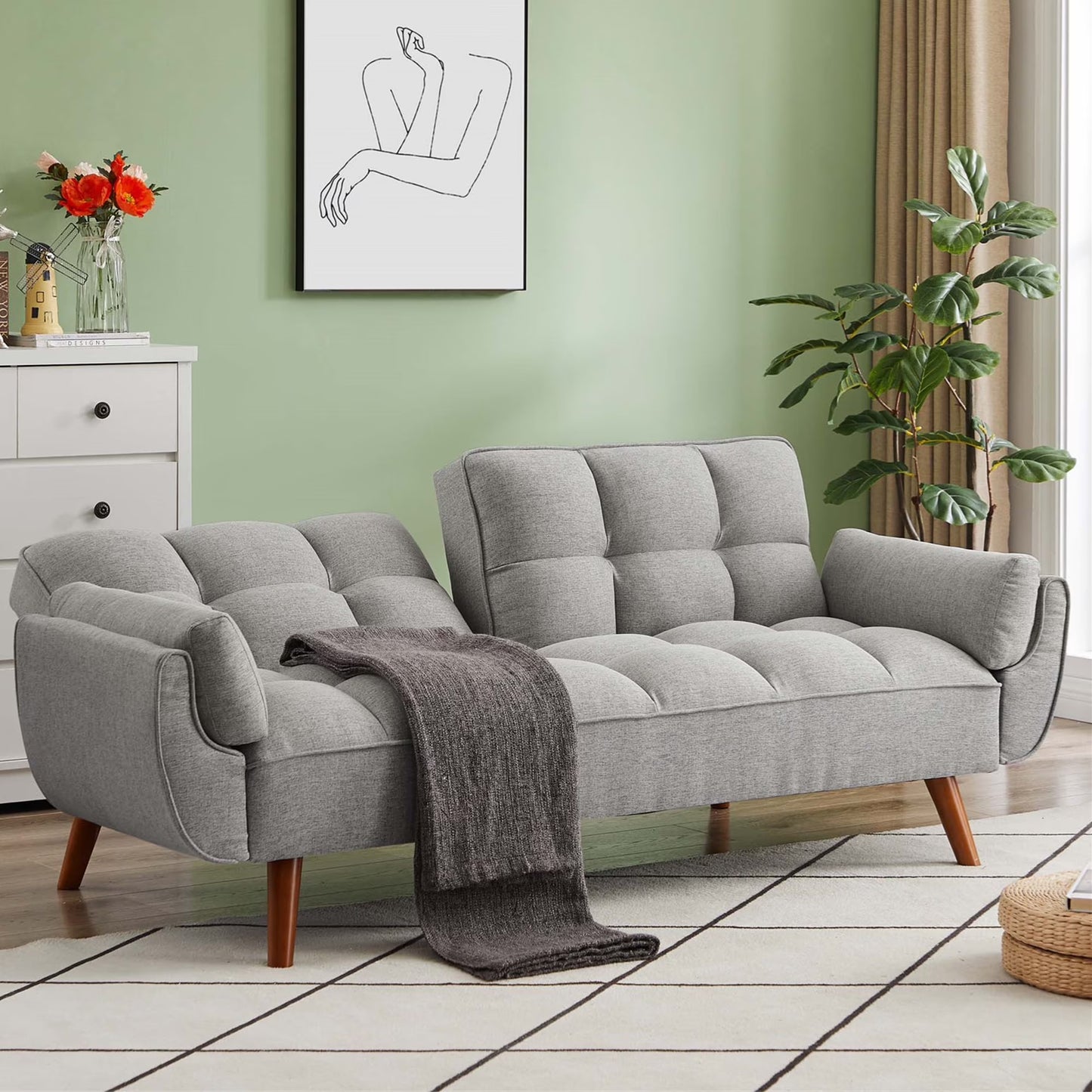 Aukfa 75" Flared Arm Futon Convertible Sofa Bed, Linen Sleeper Couch for Home Office, Beige