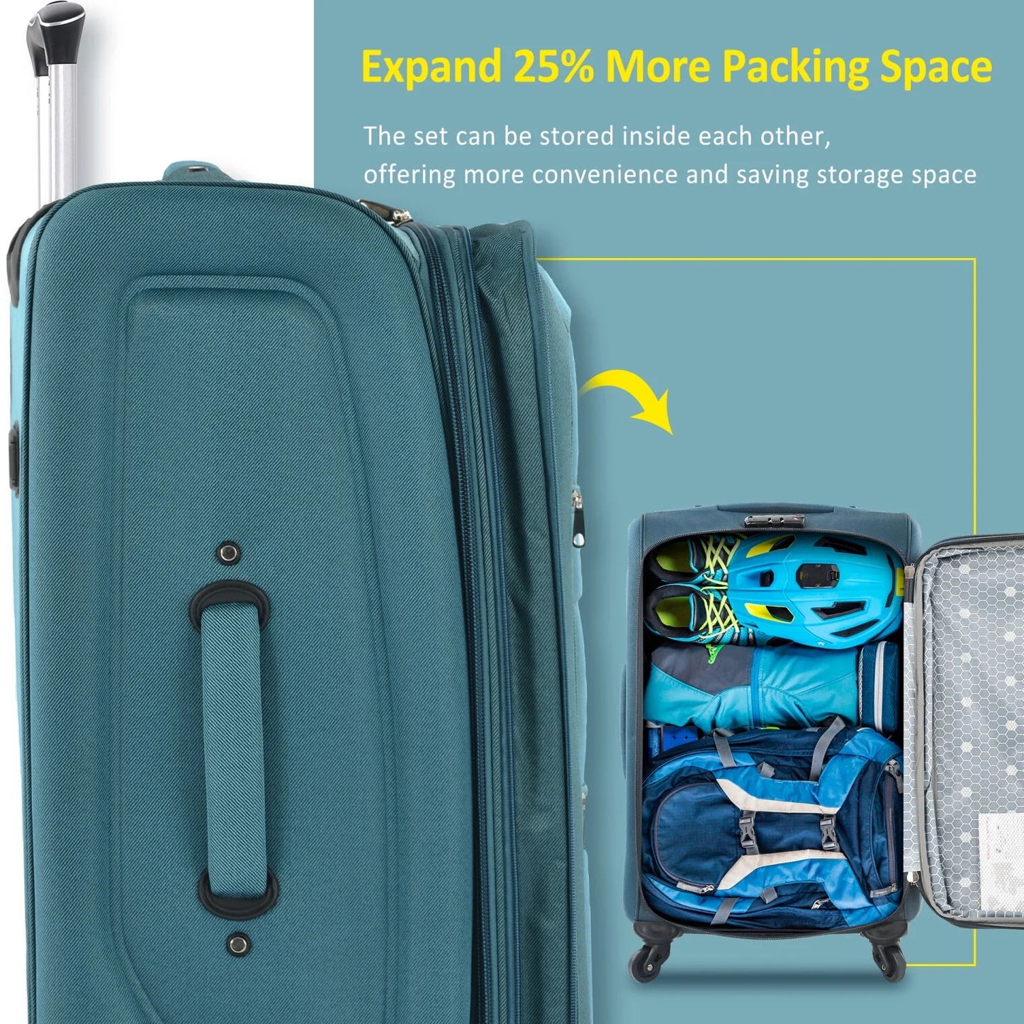 Expandable Softside Luggage Sets 3 Piece,Upright Spinner Suitcases with Wheels,Lightweight Carry on Luggage Travel Set,Green