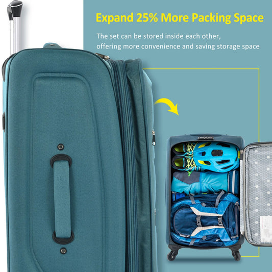 Expandable Softside Luggage Sets 3 Piece,Upright Spinner Suitcases with Wheels,Lightweight Carry on Luggage Travel Set,Green