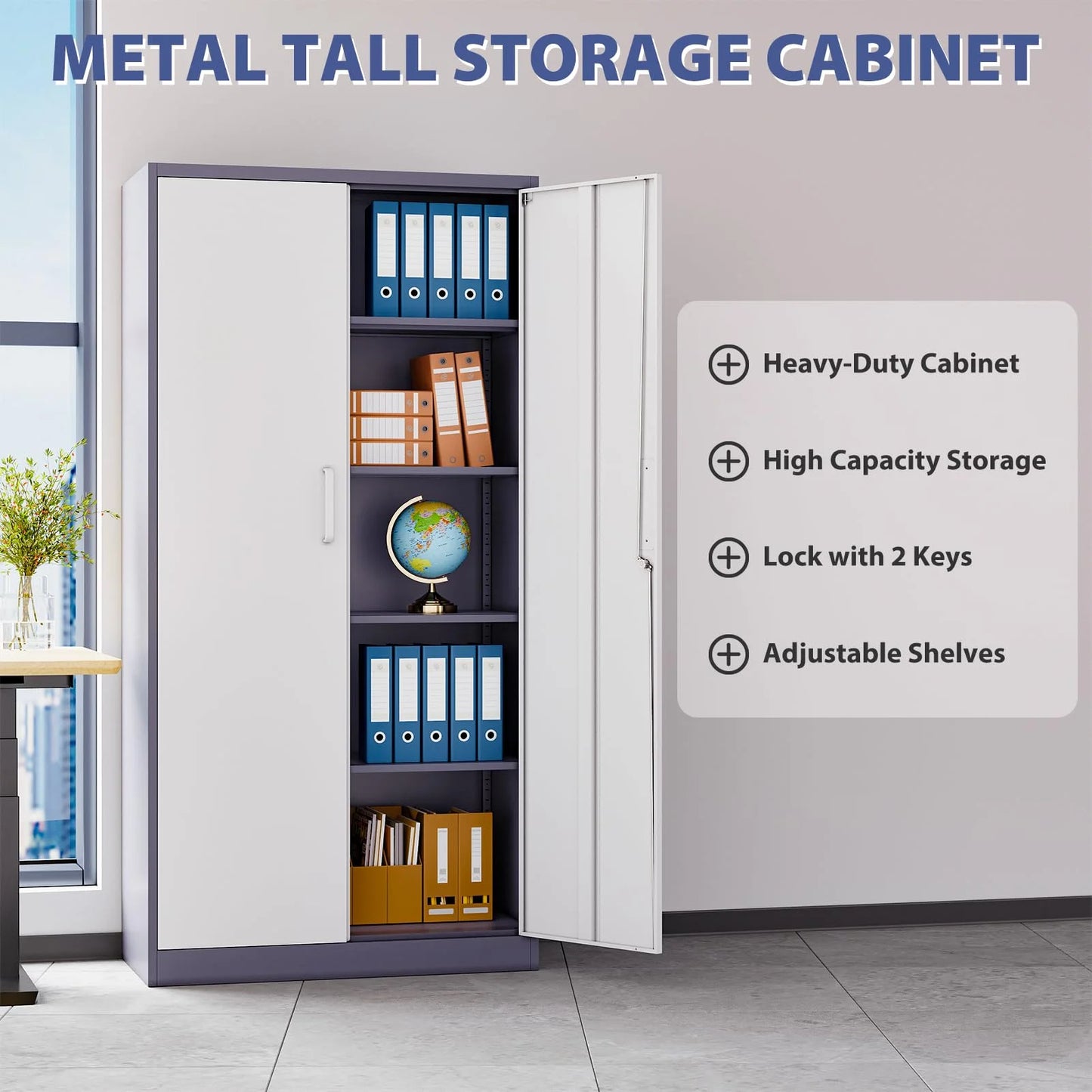 Fesbos Metal Garage Storage Cabinet,Tall Black Cabinet with Doors and Adjustbale Shelves,Lockable Tool Cabinet for Garage, Basement, Home Office