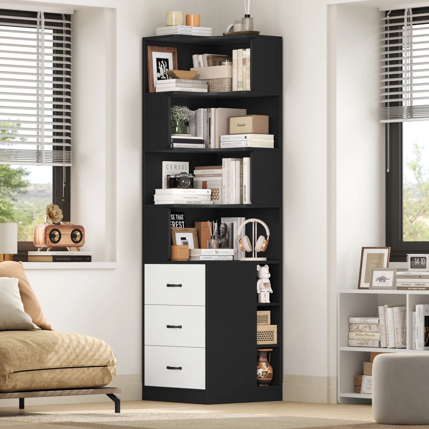 Hiphuta 77"Tall L-Shaped Corner Bookshelf with Drawers and Side Storage, Modern Wood Bookcase with 4-Tier Display Shelves Storage Cabinet for Living Room Home Office , Black