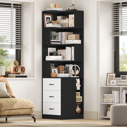 Hiphuta 77"Tall L-Shaped Corner Bookshelf with Drawers and Side Storage, Modern Wood Bookcase with 4-Tier Display Shelves Storage Cabinet for Living Room Home Office , Black