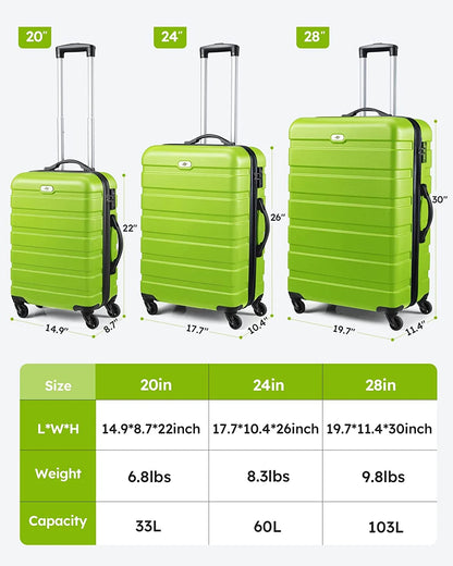 Luggage 3 Piece Sets Hard Shell Suitcase Set with Spinner Wheels20" 24" 28", Green
