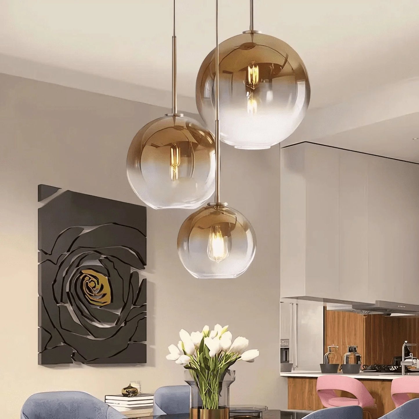 3-Light E26 Globe Gold Pendant Lights with Gradient Glass
