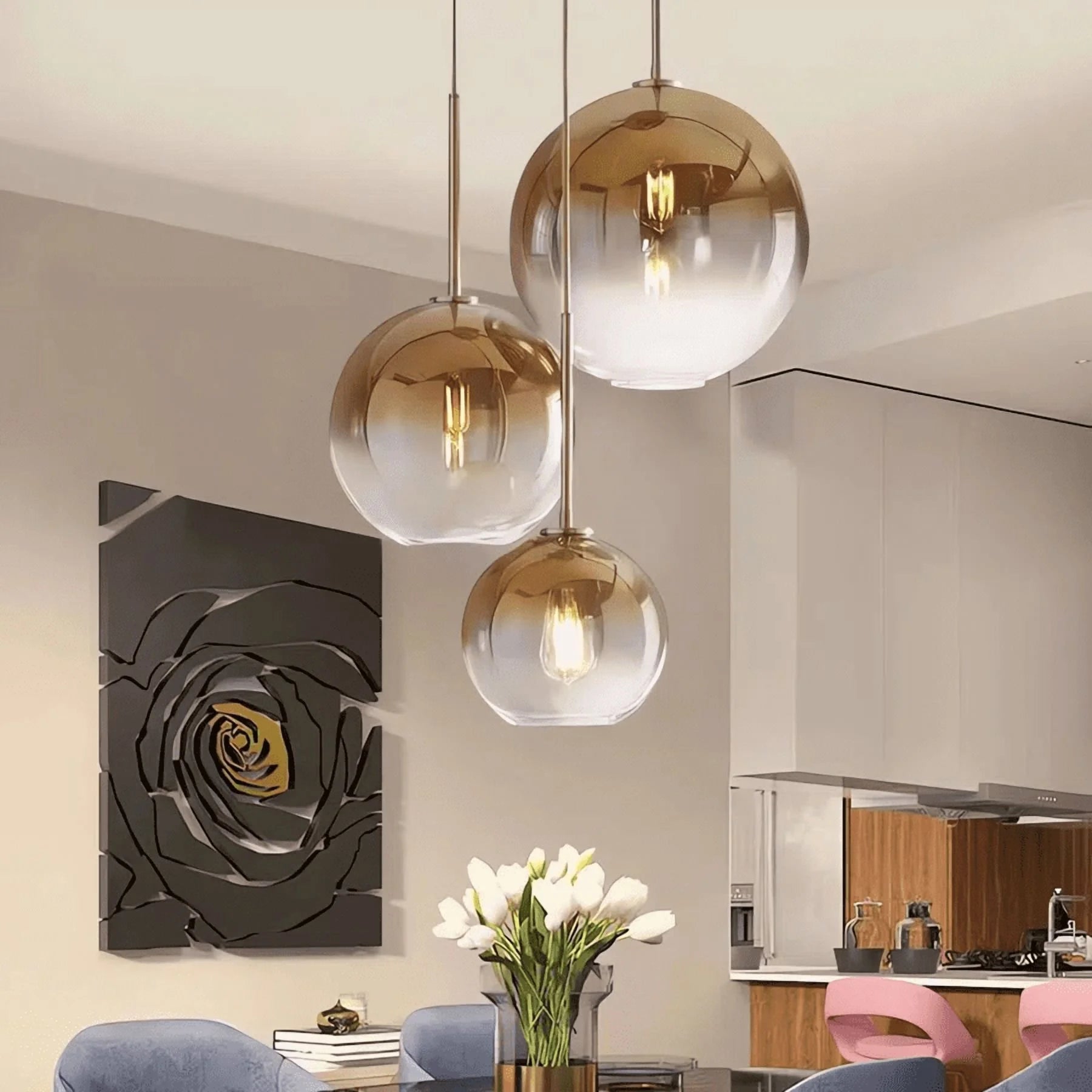 3-Light E26 Globe Gold Pendant Lights with Gradient Glass