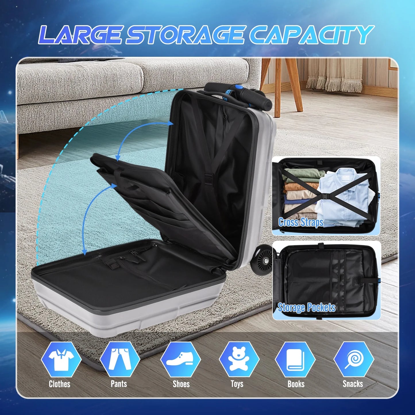 Advwin Ride-On Scooter Suitcase with LED Light-up Wheels, Hardshell Lightweight Foldable Rideable Luggage for Kids & Adults, Silver