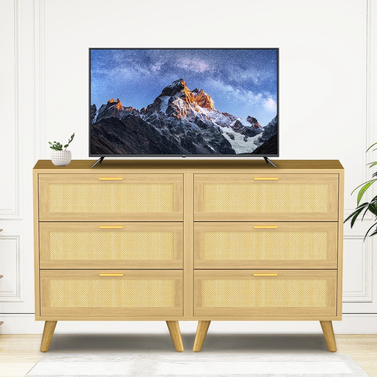 Capri 3 Drawer Dresser, Rattan Storage Wide Chest of Drawers, Night Stand Storage Cabinet for Women, Kids, Baby, Nursery, Girls, Bedroom Living Room Furniture, Natural