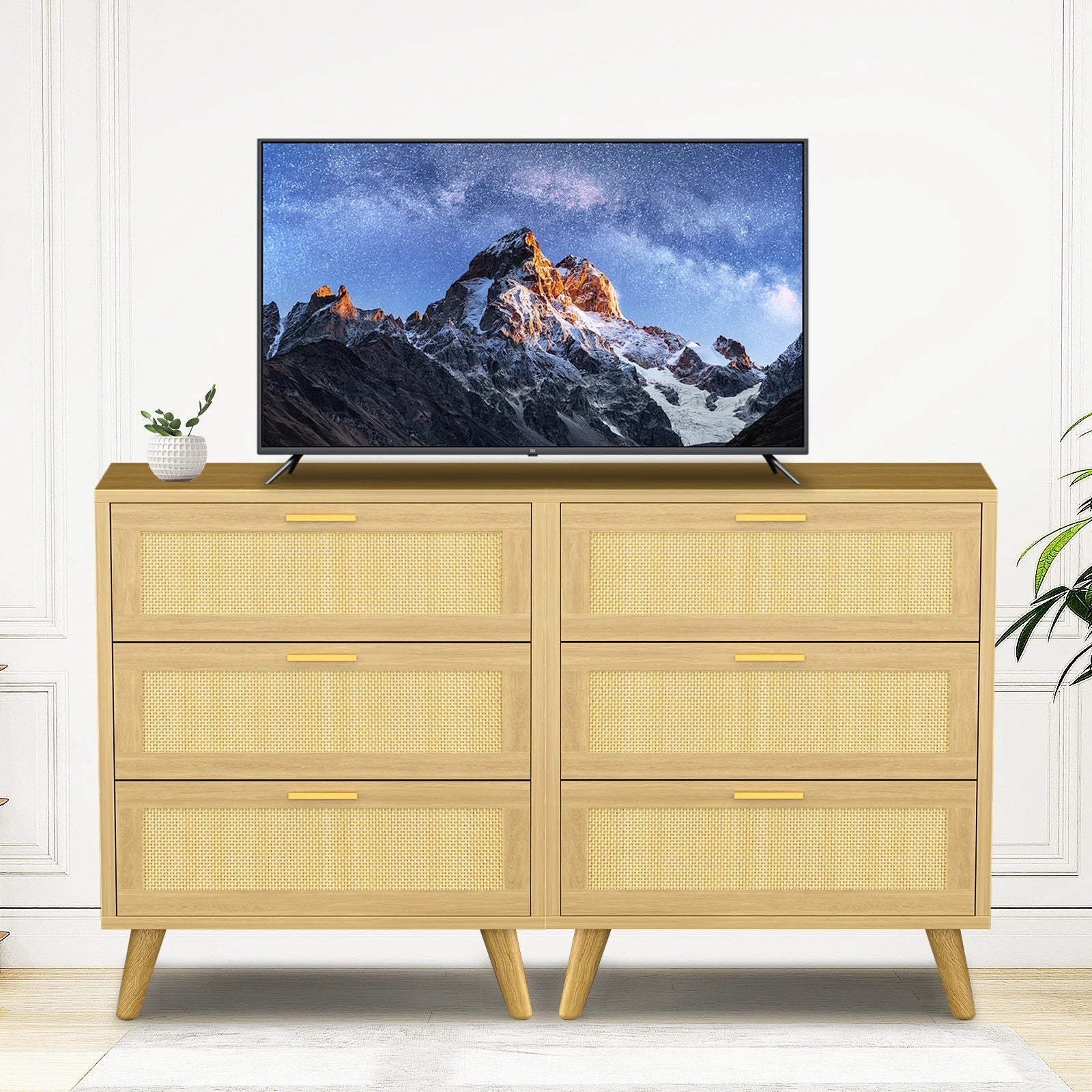 Capri 3 Drawer Dresser, Rattan Storage Wide Chest of Drawers, Night Stand Storage Cabinet for Women, Kids, Baby, Nursery, Girls, Bedroom Living Room Furniture, Natural