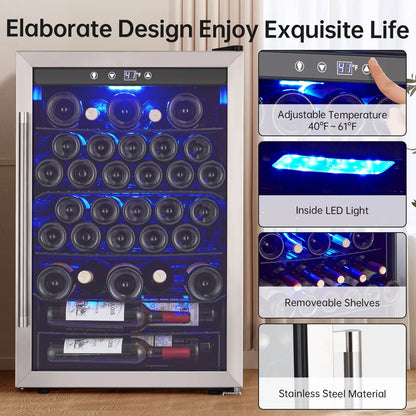 Wine Cooler,Beverage Refrigerator Cooler,Freestanding Wine Cooler Refrigerator with Triple Pane Clear Glass Door,Mini Fridge Countertop Drink Cooler for Home Office,Temperature Adjustment Range 40~61°