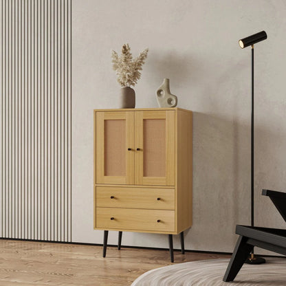 GZXS Storage Cabinet with 2 Rattan Doors & 2 Drawers, Mid Century Modern Buffet Sideboard Kitchen Cupboard for Living Room, Bedroom, Hallway, Home Office, Natural