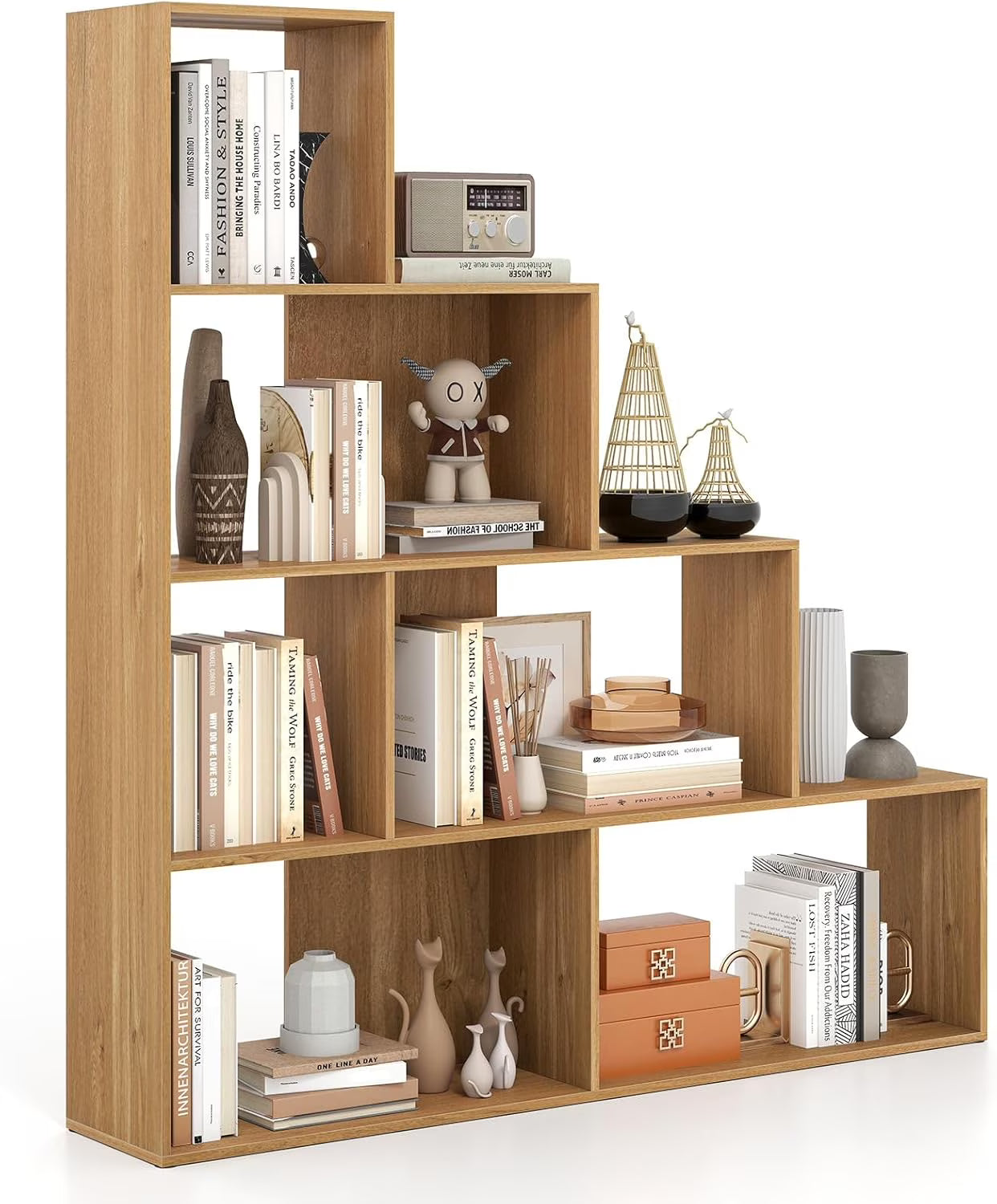 JTYUB 4-Tier Stepped Bookshelf, Freestanding 6 Cubes Ladder Bookcase with Anti-Tipping Kits, 64" Tall Modern Wooden Storage Display Rack for Home Office Living Room Study ,1 PCS,Natural