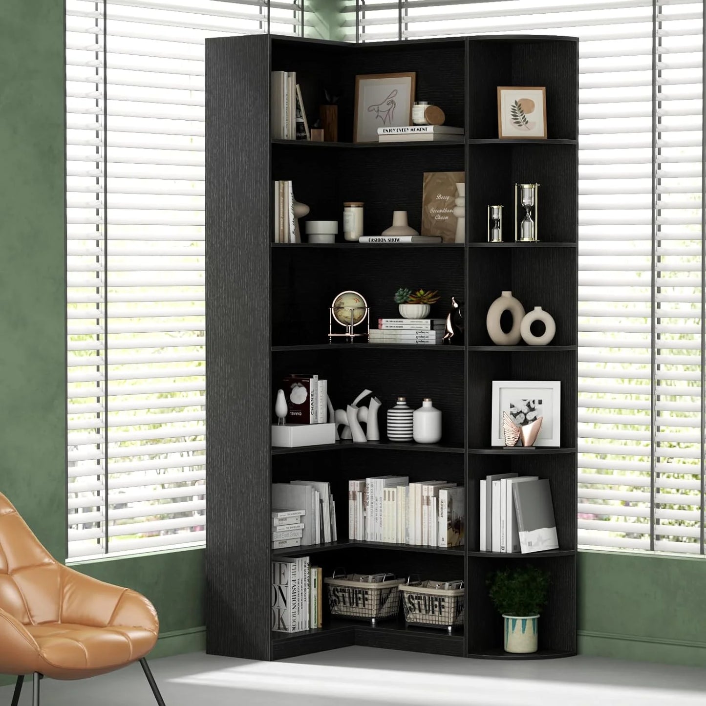 Loomie Bookshelves, 6 Tiers Shelf Large Tall Corner Etagere Bookcase with Full Baffle, L-Shaped Modern Storage Display Industrial Book Shelf for Bedroom, Home Office, Living Room & Kitchen