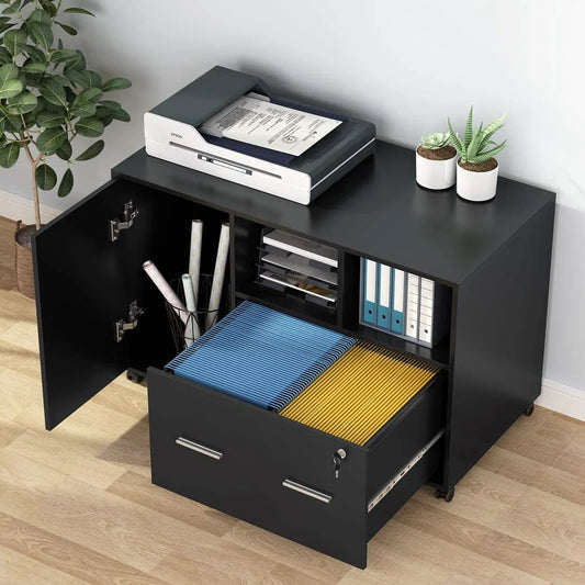 Tribesigns File Cabinet with Lock and Drawer, Mobile Lateral Filing Cabinet Printer Stand with Wheels and Storage Shelves for Home Office, Letter/Legal/A4 Size(Black)